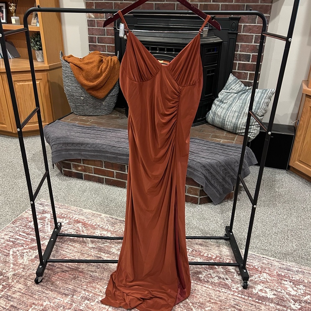 Full length terra-cotta gown